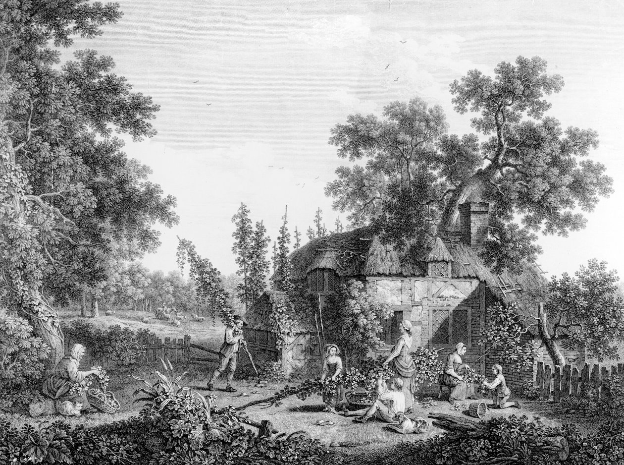 Sběrači chmele, leptané Francisem Vivaresem, 1760 od George Smith