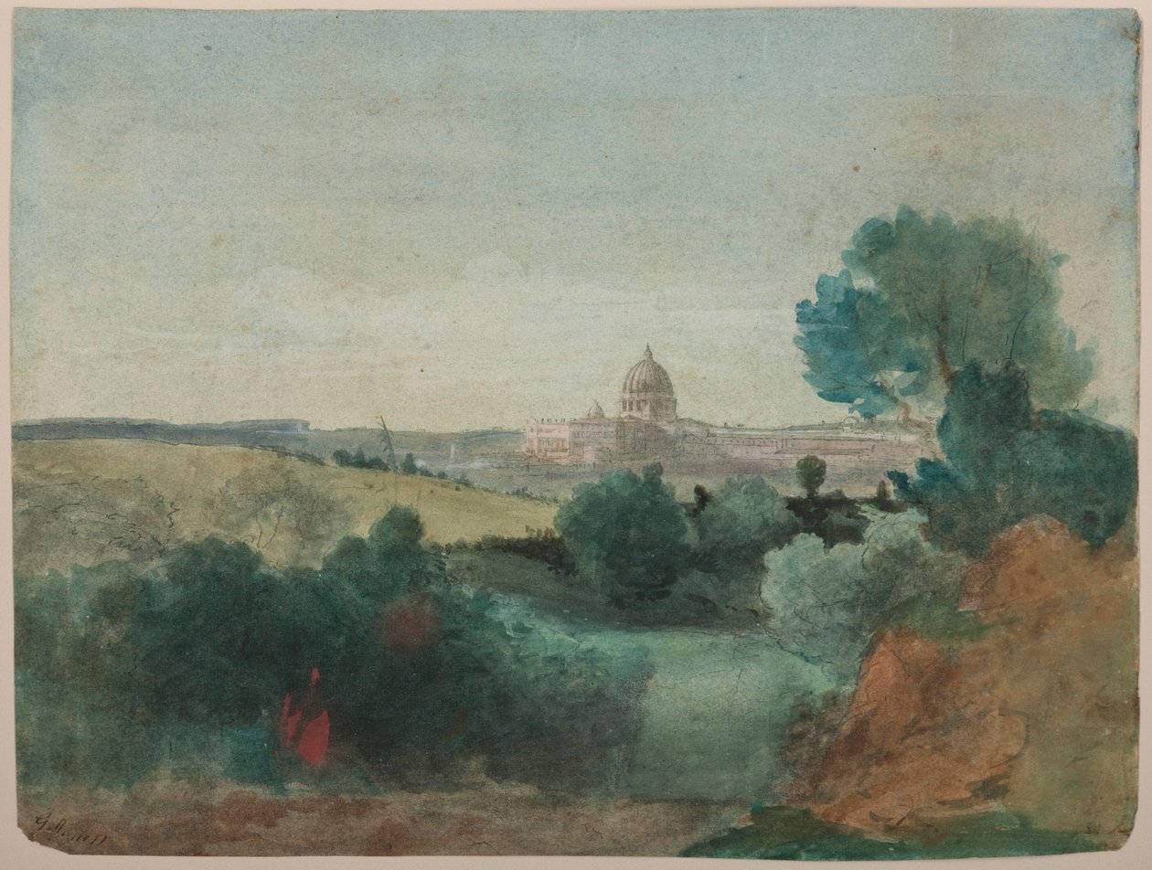 Saint Peters při pohledu z Campagna, cca 1850 (wc přes tužku na papíře) od George Snr. Inness