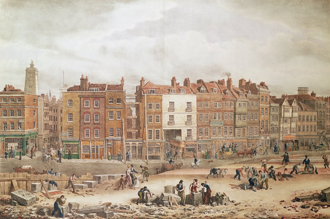 Pohled na High Street Southwark jako Ancient Roadway (barevná rytina) od George Snr Scharf