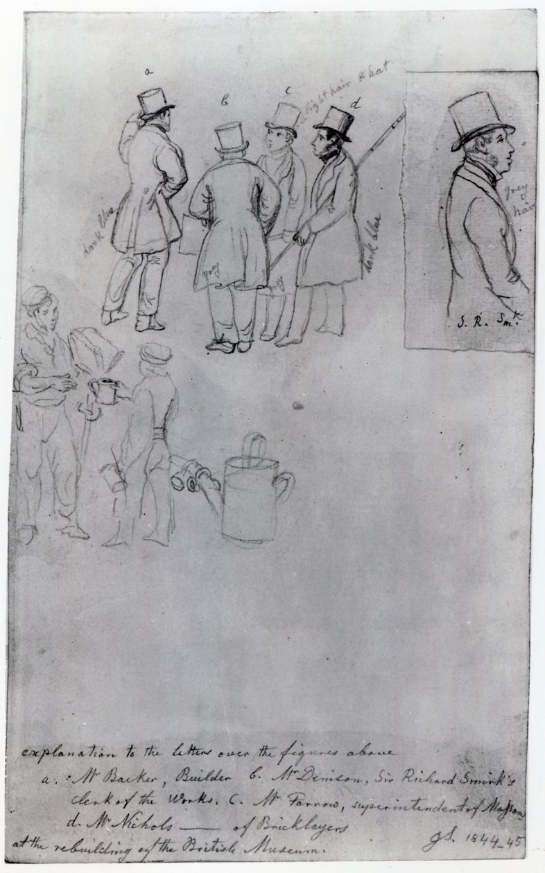 Stavitelé a zeměměřiči při přestavbě Britského muzea, 1844 (tužka na papíře) od George Snr Scharf