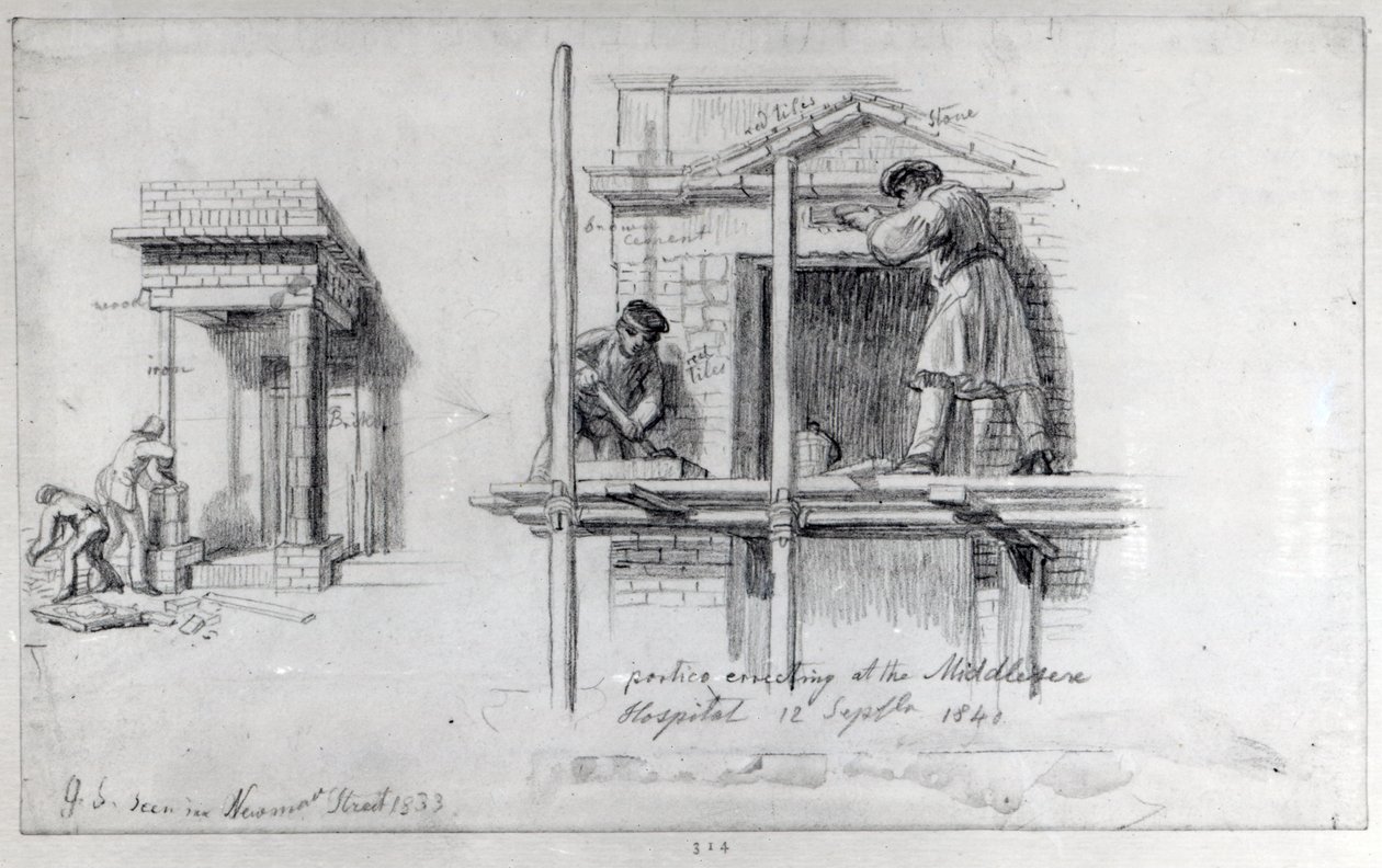 Stavba sloupoví na Newham Street a Middlesex Hospital, Londýn, 1833 a 1840 od George Snr Scharf