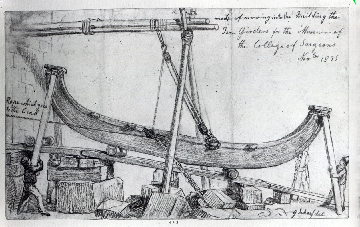Přesouvání železných nosníků použité k výstavbě Hunterian Museum na Royal College of Surgeons, 1835 od George Snr Scharf