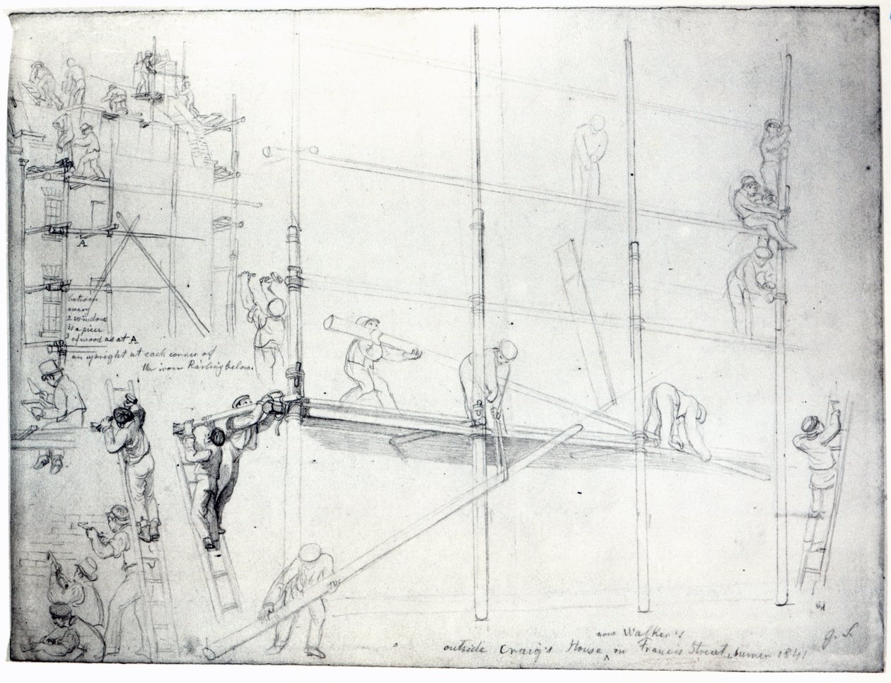 Stavění lešení před Craigovým domem, Francis Street, Londýn, 1841 od George Snr Scharf