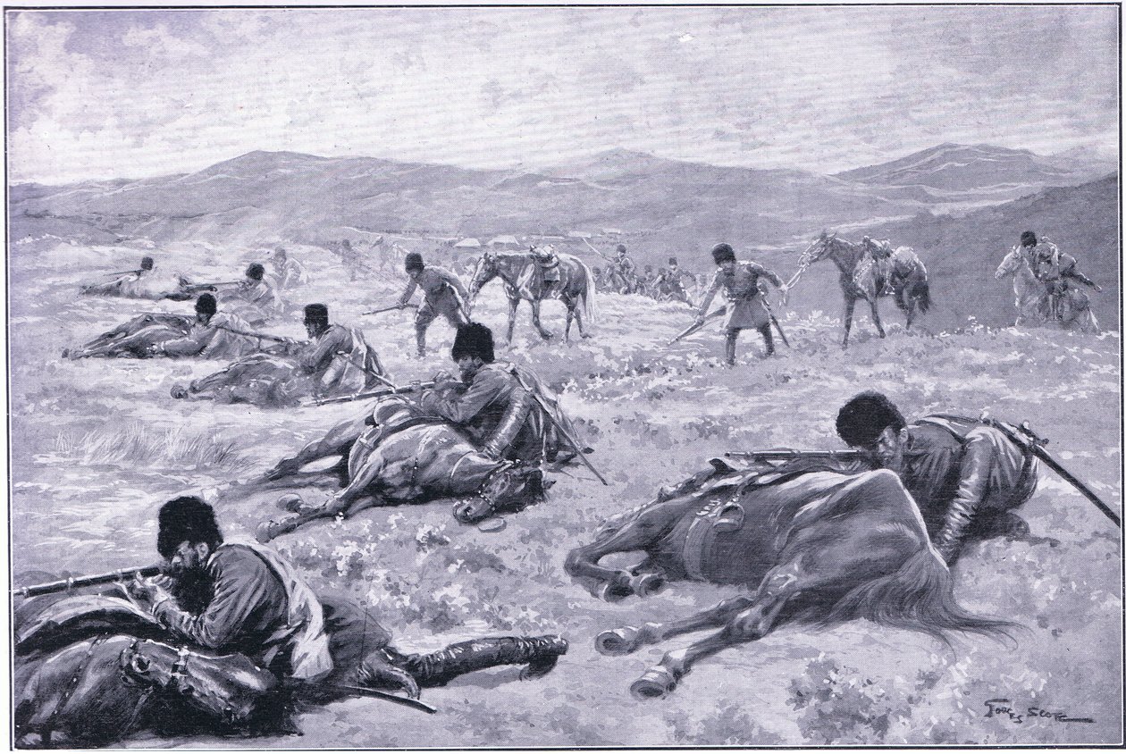 Kozák a jeho kůň: zařízení pro zajištění krytu během šarvátky, ilustrace z Cassells History of the Russo-Japanese War Vol 1, c.1900 od George Soper