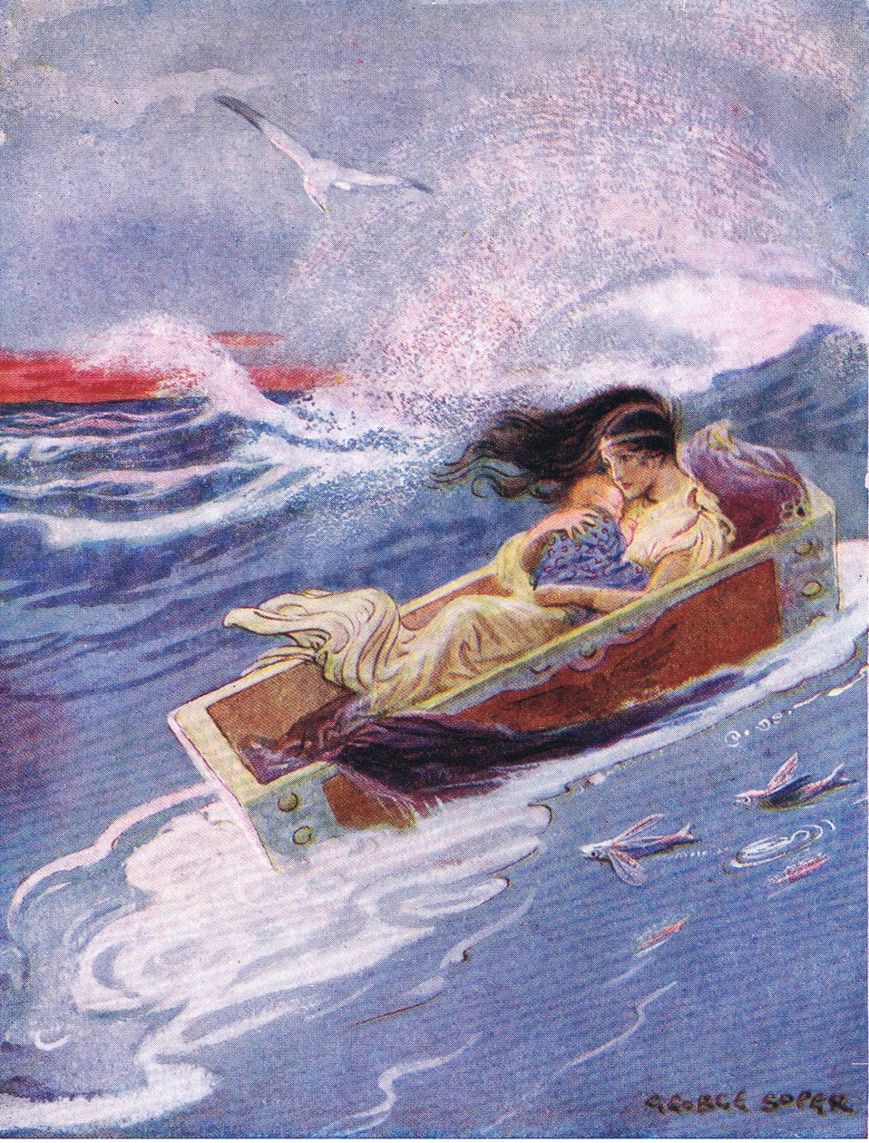 Pryč a na moře se vznášela matka a dítě z knihy Hrdinové, kterou vydali George Allen a Unwin z roku 1929 od George Soper