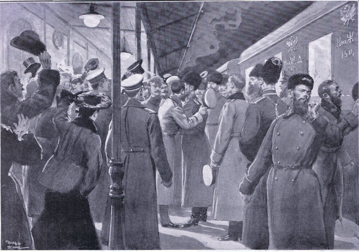 Car se loučí s důstojníky císařské gardy, ilustrace zCassells History of the Russo-Japanese War Vol. 1, cca 1900. od George Soper