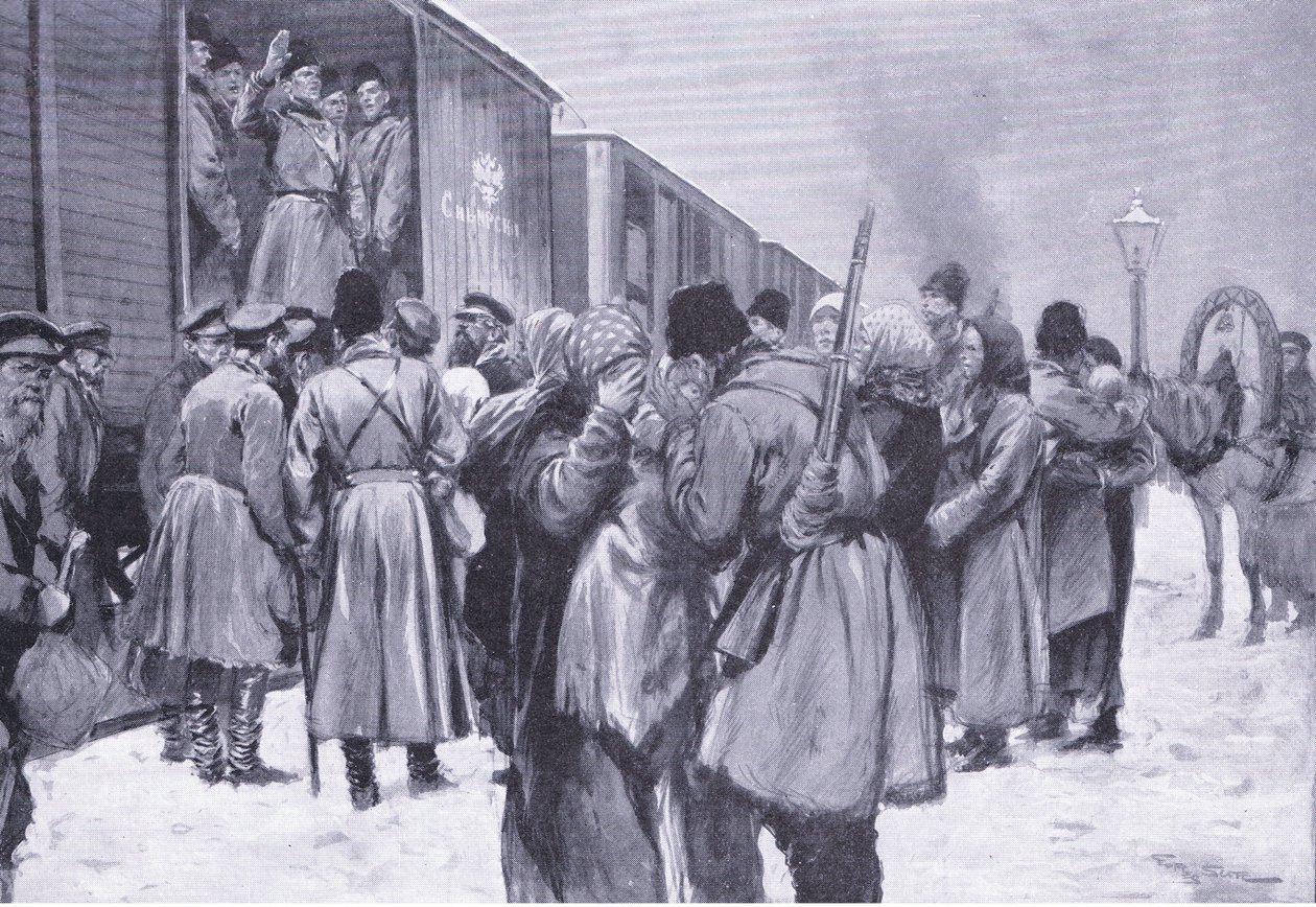 Odjezd ruských jednotek na Dálný východ, ilustrace z Cassells Historie rusko-japonské války Vol 1, kolem roku 1900 od George Soper