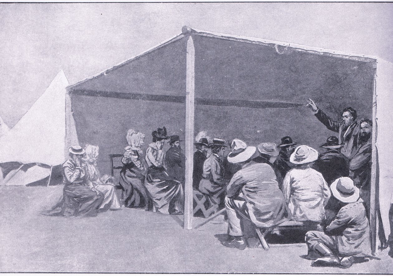 Bohoslužba v búrském uprchlickém táboře, z After Pretoria: The Guerilla War vydané nakladatelstvím Harmsworth Bros Limited, 1901 od George Soper