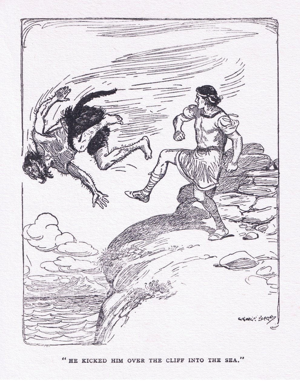 Kopl ho přes útes v moři, z The Heroes vydané Georgem Allenem a Unwinem 1929 (barevné litho) od George Soper