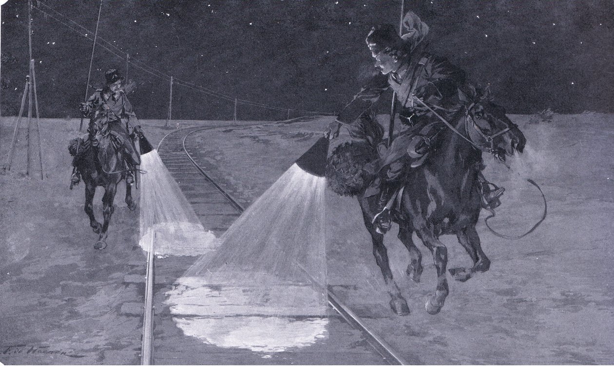 Na mandžuské železnici: Noční hlídka, ilustrace z Cassells Historie rusko-japonské války Vol 1, kolem roku 1900 od George Soper