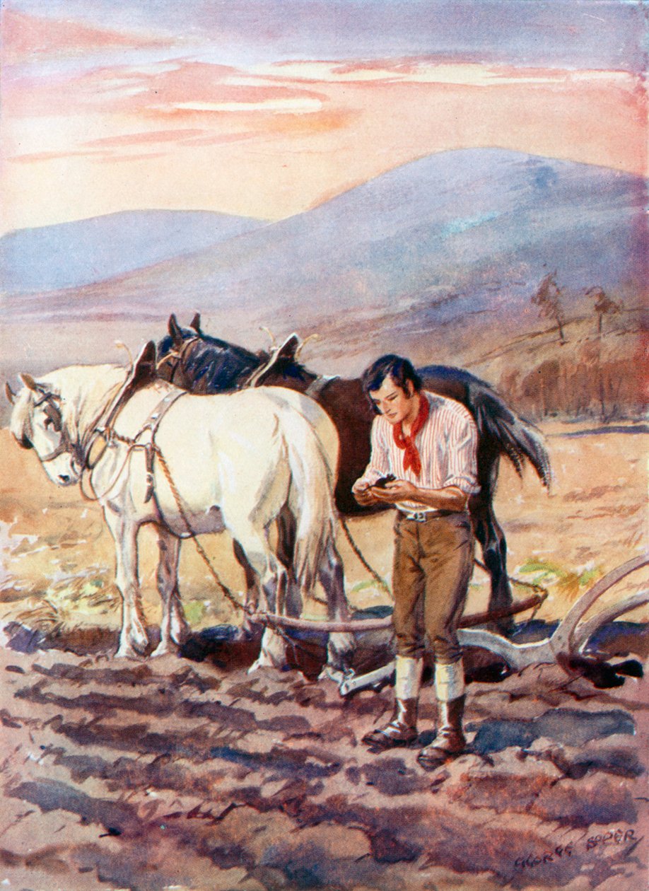 Robert Burns u pluhu (barevná litografie) od George Soper