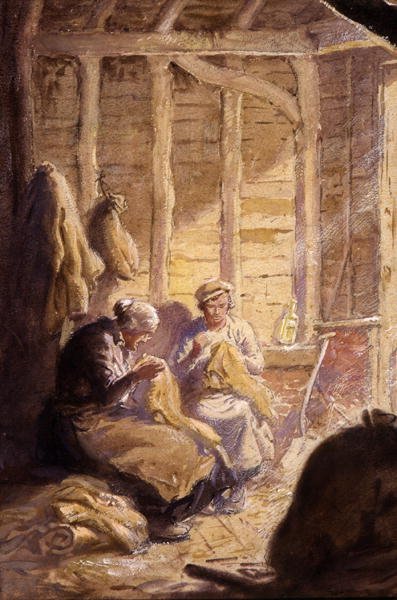 Šití pytlů ve stodole (akvarel na papíře) od George Soper