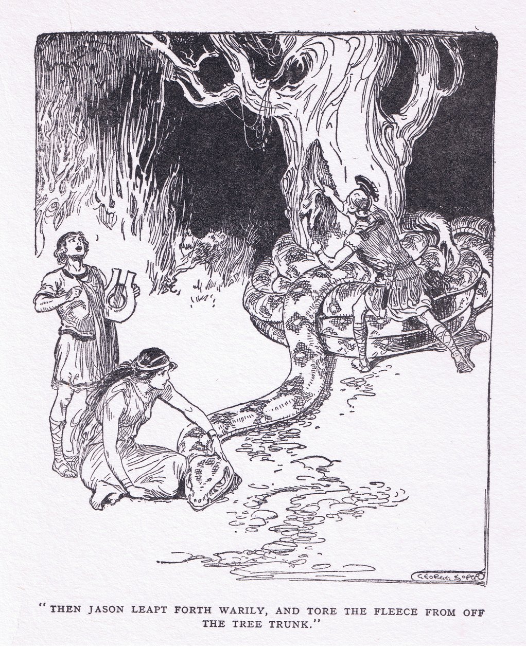 Pak Jason unaveně vyskočil a strhl rouno z kmene stromu z knihy The Heroes vydané Georgem Allenem a Unwinem 1929 (litho) od George Soper