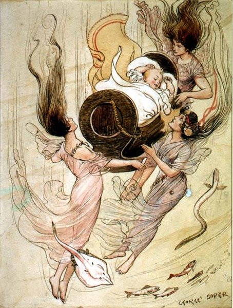 Tři mořské panny a dítě (pero, inkoust a akvarel) od George Soper