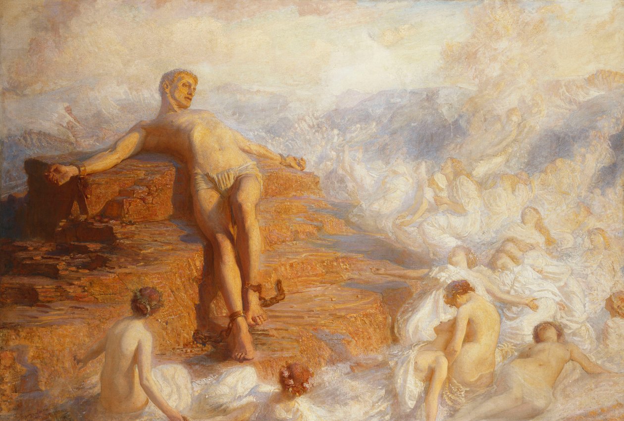 Prométheus utěšený duchy Země „Jak krásné jsou tyto vzdušné tvary! A přesto cítím nejmarnější veškerou naději, ale lásku...“ -Shelley. od George Spencer Watson