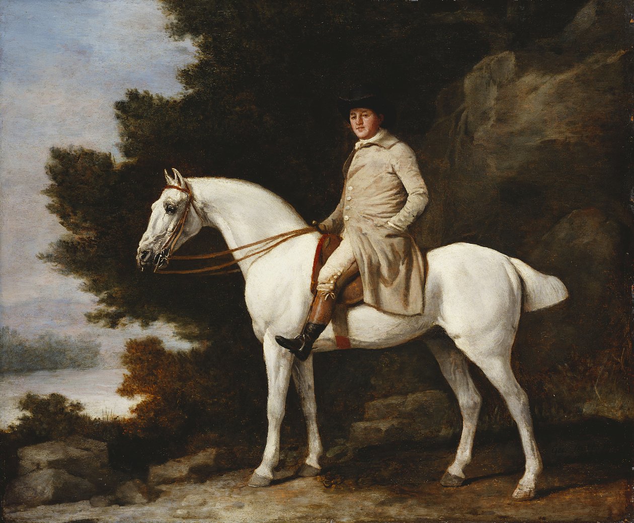 Gentleman na šedém koni ve skalnaté zalesněné krajině, 1781 od George Stubbs