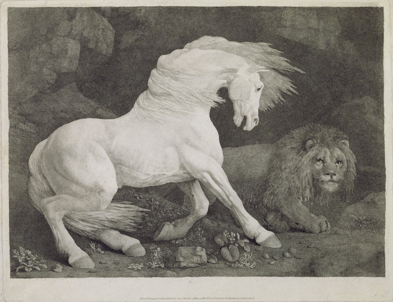 Kůň vystrašený lvem, rytina umělce, hospoda. 1788 od George Stubbs