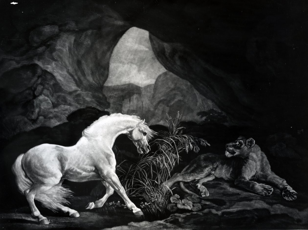 Kůň vyplašený lvicí, vyrytý Benjamin Green, 1774 od George Stubbs