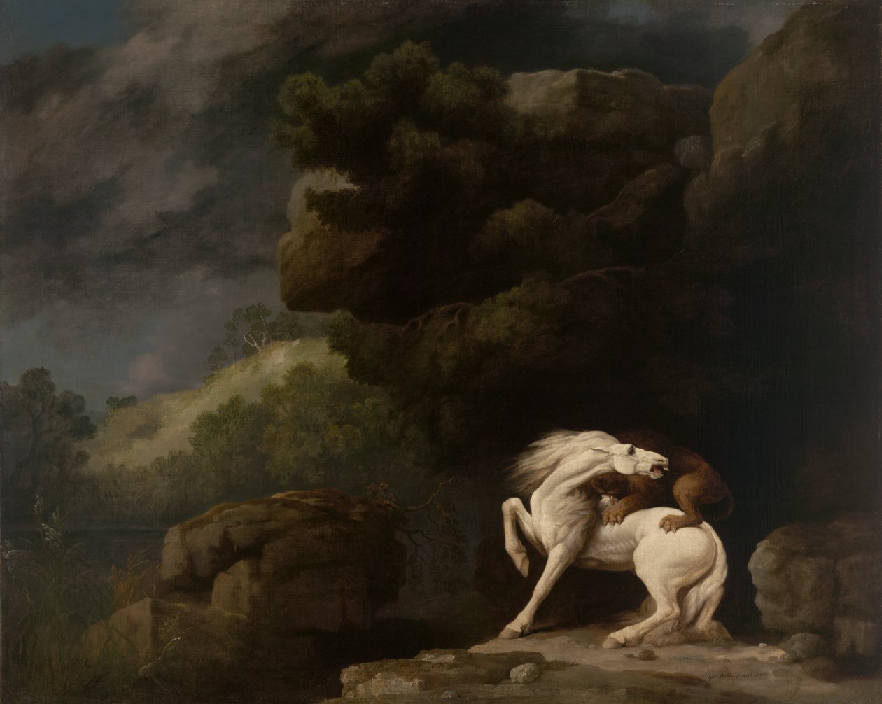 Lev útočí na koně od George Stubbs