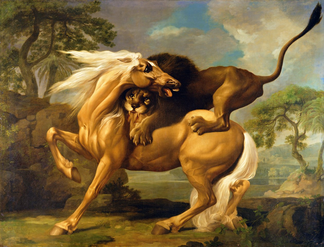 Lev útočí na koně, kolem roku 1762 od George Stubbs