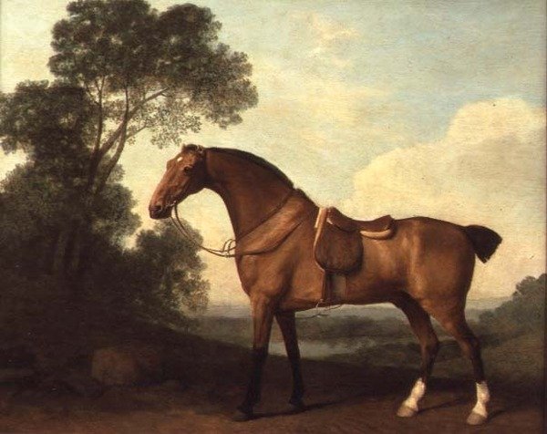 Sedlák Bay Hunter v krajině s jezerem za ní od George Stubbs
