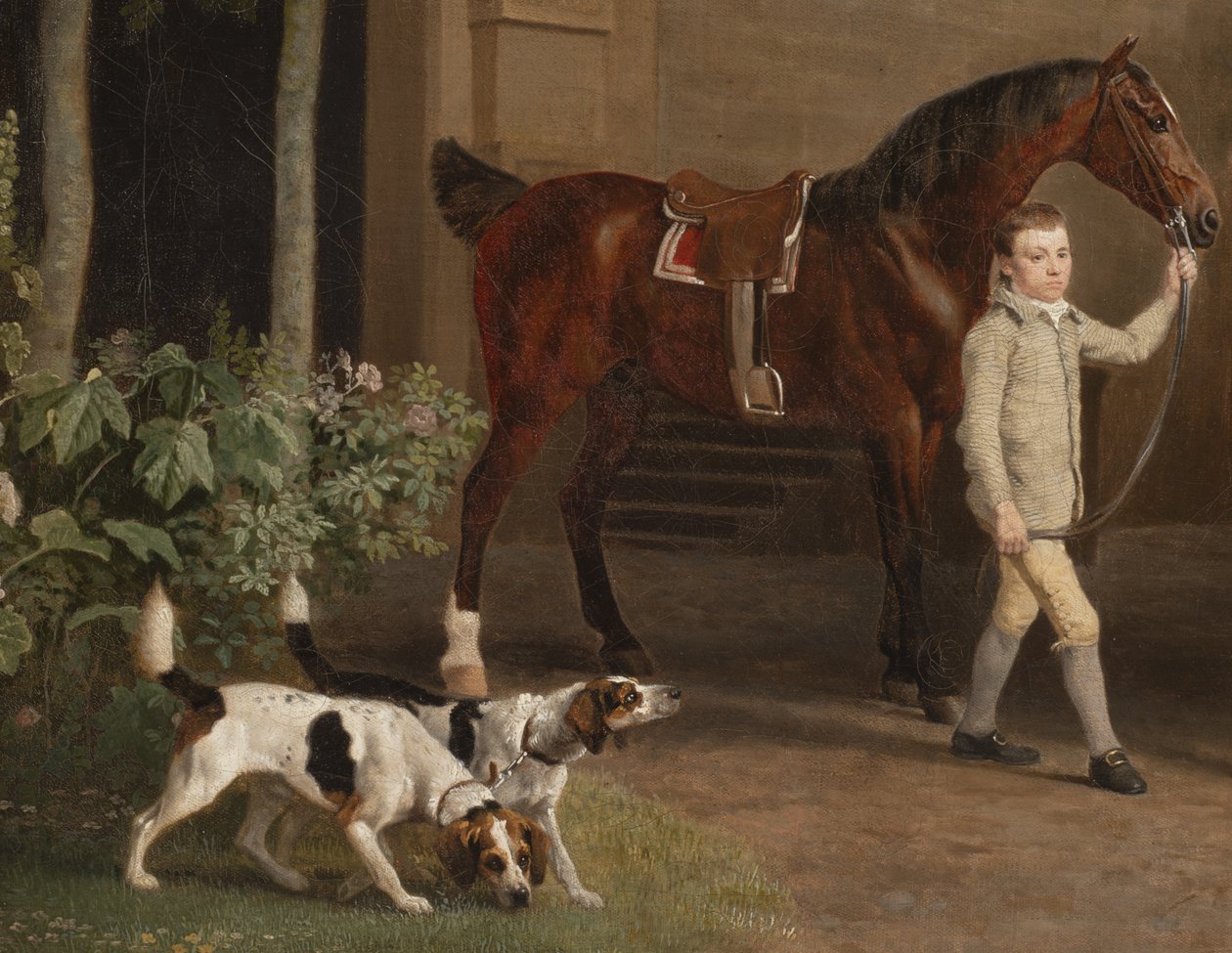 Detail od Williama Henryho Cavendishe Bentincka, 3. vévody z Portlandu před jezdeckými stájemi Welbeck Abbey, 1766-7 od George Stubbs