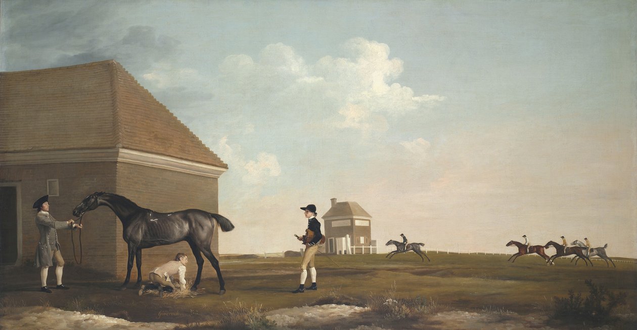 Gimcrack na Newmarket Heath, s trenérem, stájníkem a žokejem, 1765 od George Stubbs