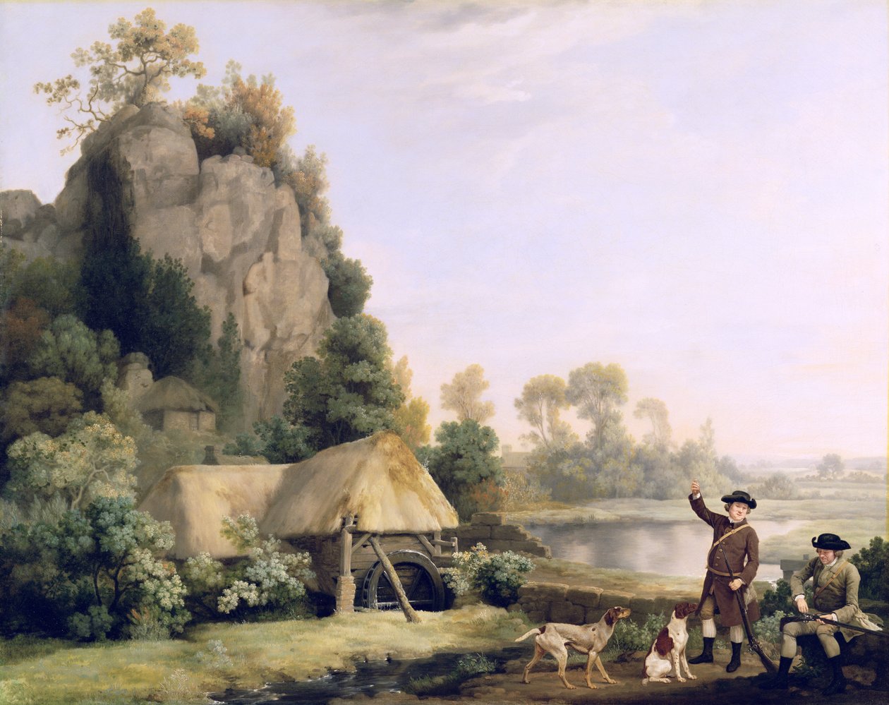Dva pánové jdou střílet, s výhledem na Creswell Crags, natočeno na místě (olej na plátně) od George Stubbs