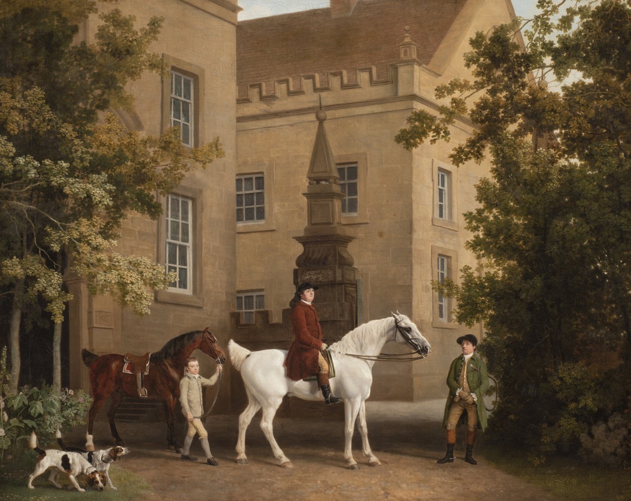William Henry Cavendish Bentinck, 3. vévoda z Portlandu před jezdeckými stájemi Welbeck Abbey, 1766-7 od George Stubbs