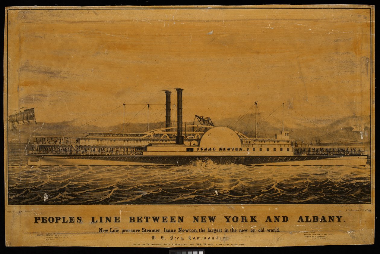 Lidová linka mezi New Yorkem a Albany. Nový nízkotlaký parník Isaac Newton, největší na novém i starém světě (litografie) od George T. (after) Sanford