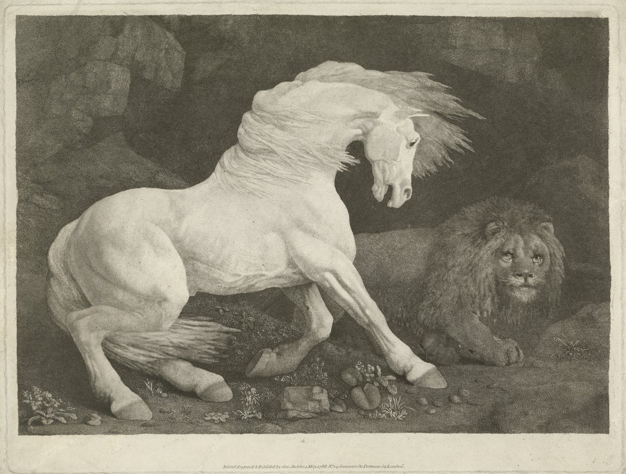 Kůň a lev, 1770 (mezzotinta) od George Townley Stubbs