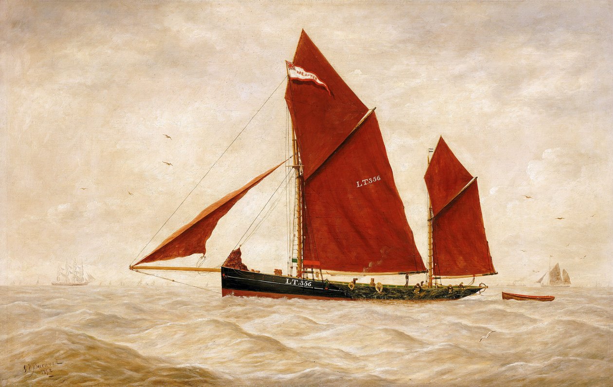 Rybářský trawler společnosti Lowestoft s charakteristickými červenými plachtami. Olej na plátně od George Vempley Burwood