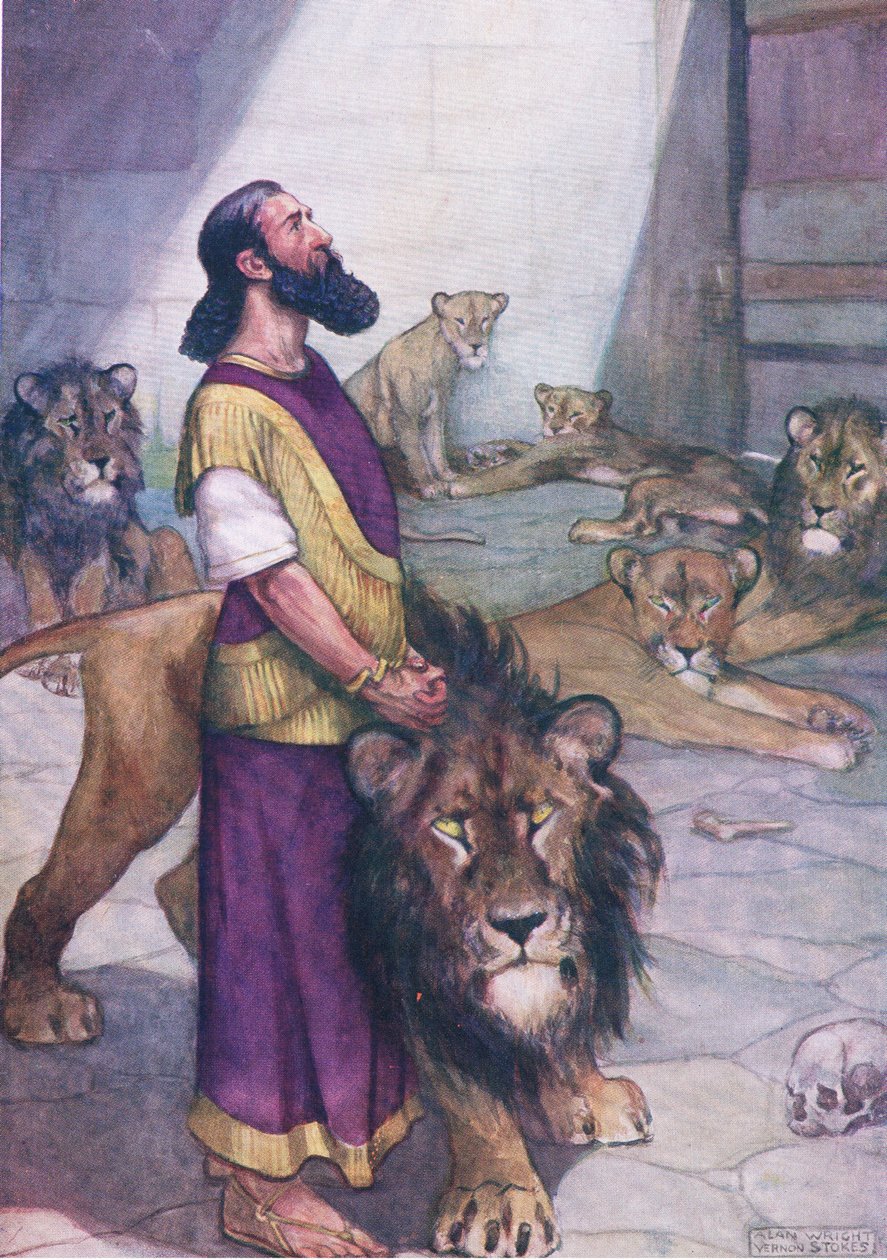 Daniel v jámě lvové, z knihy The Bible Picture Book vydané nakladatelstvím Thomas Nelson, cca 1950 (litografie) od George Vernon Stokes