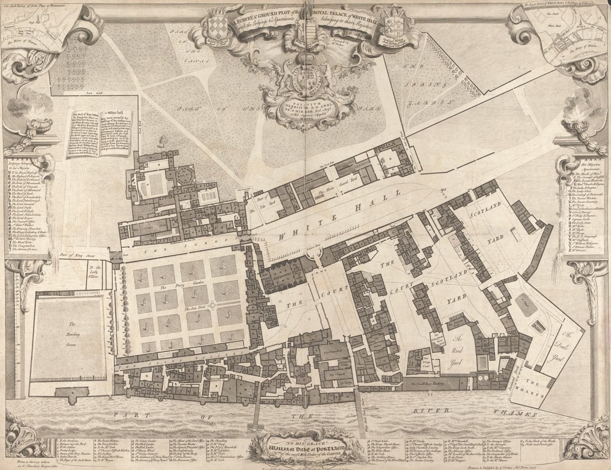Průzkum a pozemní spiknutí královského paláce ve Whitehallu od George Vertue