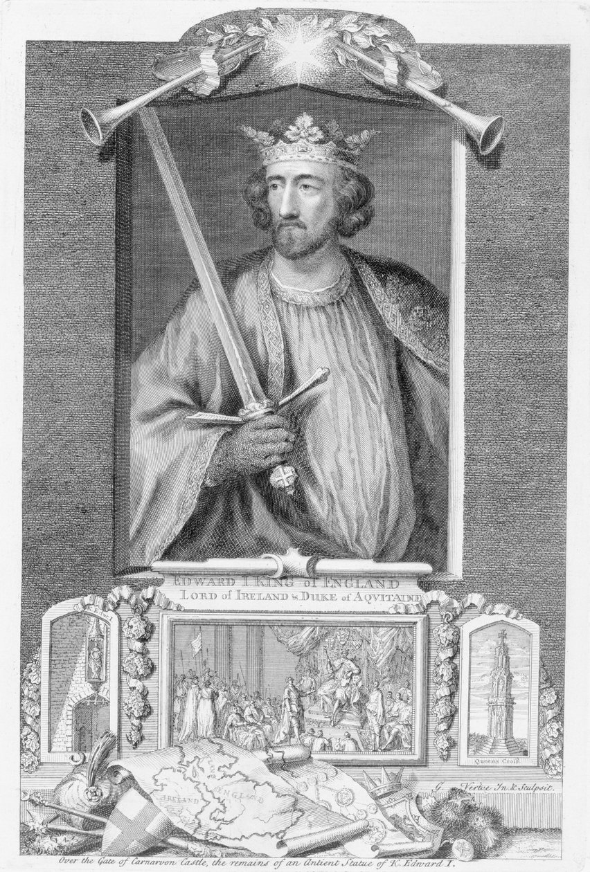 Edward I. (1239-1307) anglický král z roku 1272, podle zbytků sochy, vyryto umělcem (rytina) od George Vertue