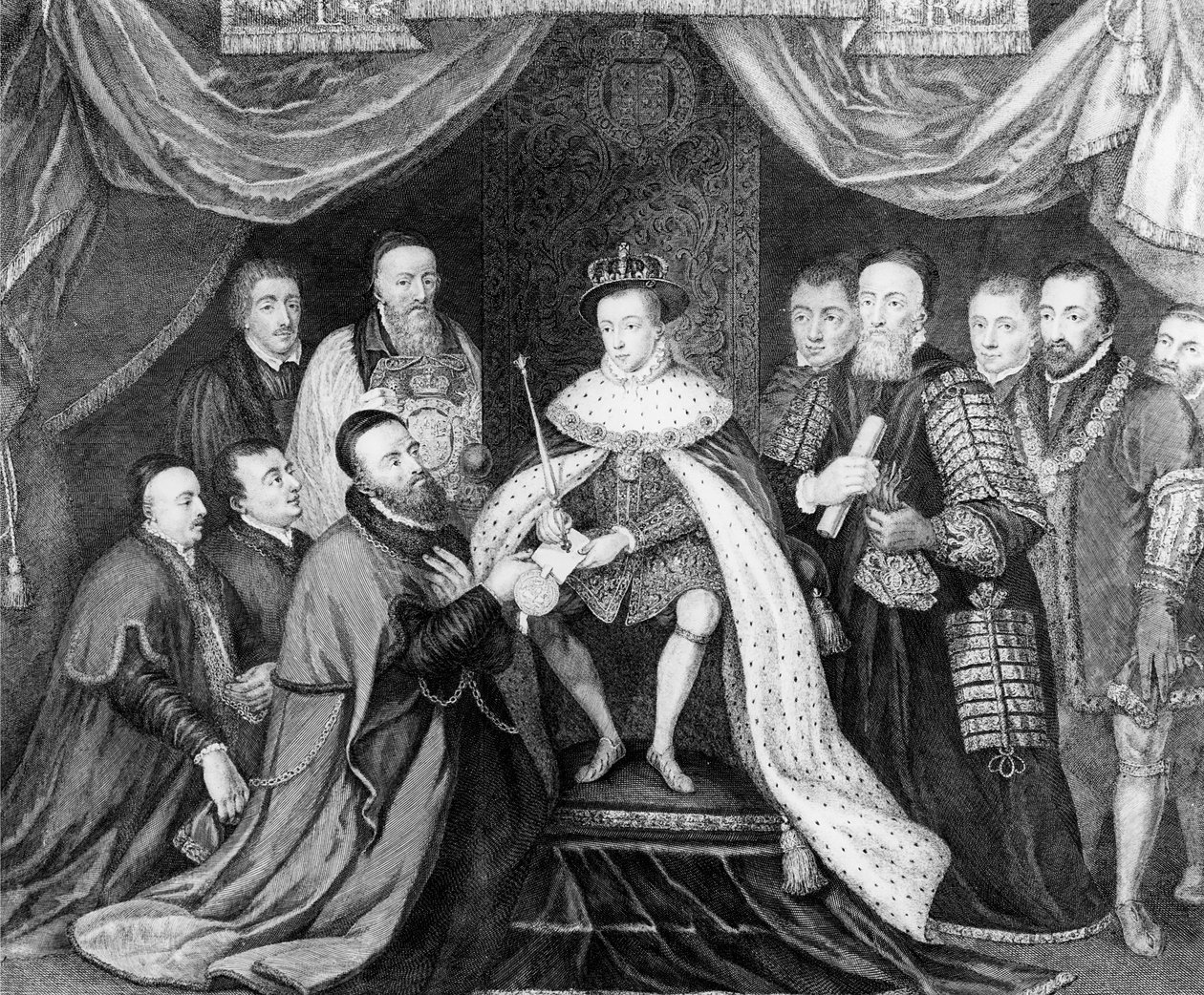 Edward VI udělující Chartu pro nemocnici Bridewell siru George Barnes v roce 1553, zveřejněno 1750 od George Vertue