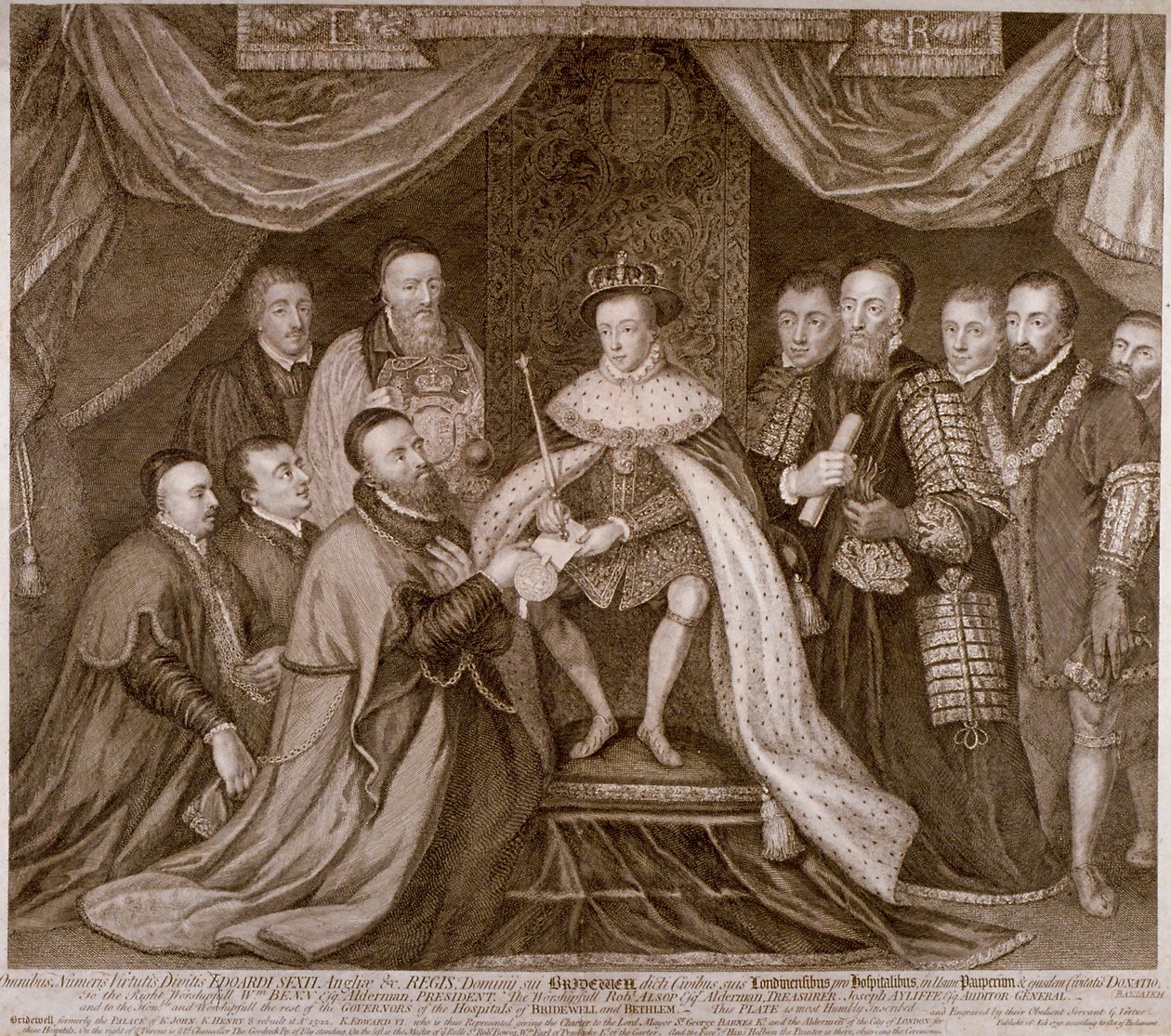 Edward VI podepisuje chartu, která dává Bridewell City of London za chudobinec, 1552 1750 od George Vertue