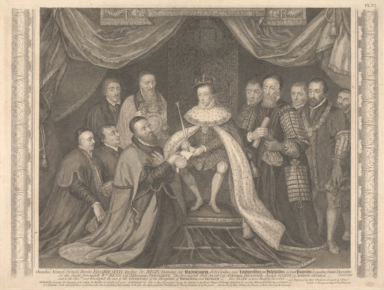 Král Edward VI. předává Chartu pro Bridewell siru Georgi Barnesovi od George Vertue