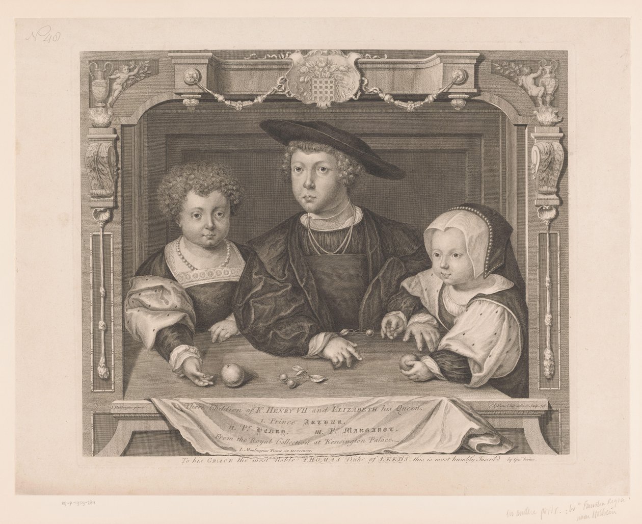 Portrét van Dorothea, Johan a Christina van Denemarken Tři děti K. Jindřicha VII. a Alžběty jeho královny. I. princ Artuš, II. Pr. Jindřich, III. Ps. Margaret (titul na objektu) Portretten van de Tudors (název série) Historické portréty (série od George Vertue