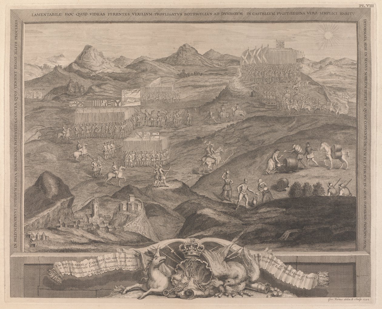 Battle-Array of Carberry-hill poblíž Edinburghu s kapitulací Mary Queen of Scotland do rukou konfederačních lordů ze Skotska a útěk Earla Bothwella, 1567 od George Vertue