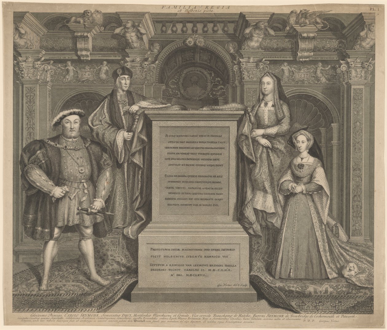 Jindřich VII a rodina Jindřicha VIII v paláci Whitehall od George Vertue after Hans Holbein the Younger