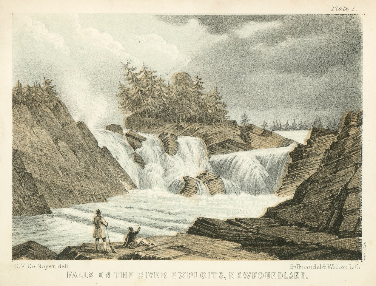 Vodopády na řece Exploits, Newfoundland (kolorovaná rytina) od George Victor Du Noyer