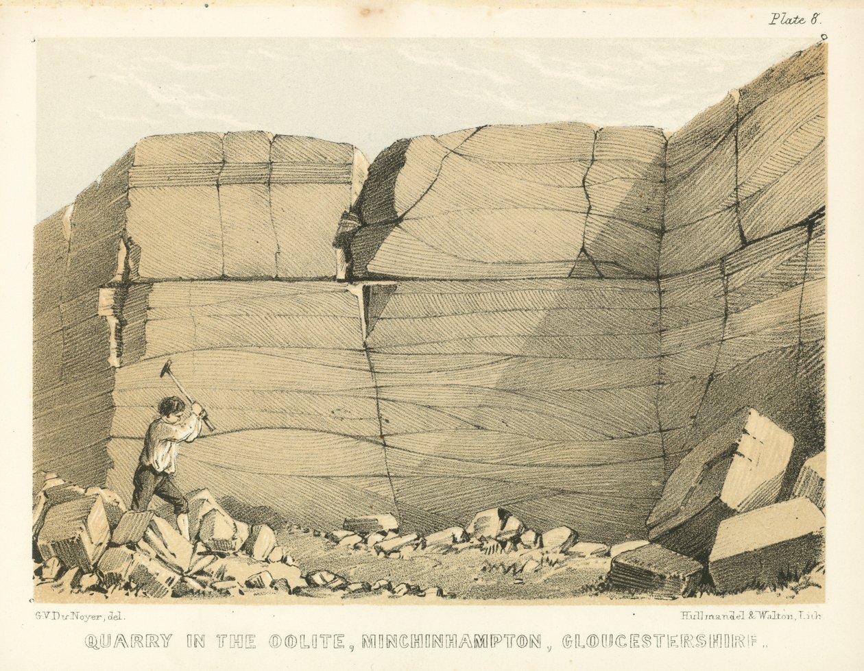 Lom v Oolitu, Minchinhampton, Gloucestershire (kolorovaná rytina) od George Victor Du Noyer