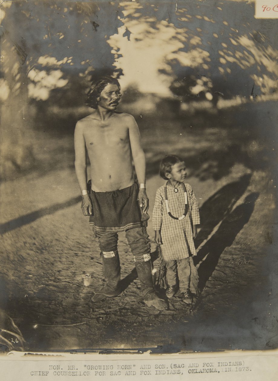 Honzo Pan Rostoucí roh a syn. (Sac and Fox Indian) Hlavní poradce pro Sac and Fox Indian, Oklahoma, v roce 1873 (foto) od George W. Ingalls