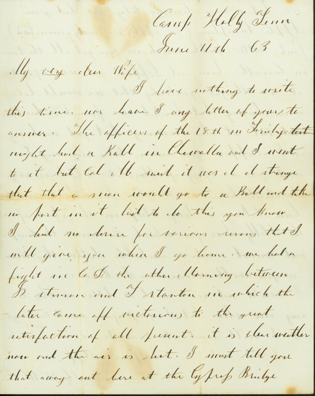 Dopis George Wyckoffa, Camp Holly, Tennessee, Josephine, 11. června 1863 od George W. Wyckoff