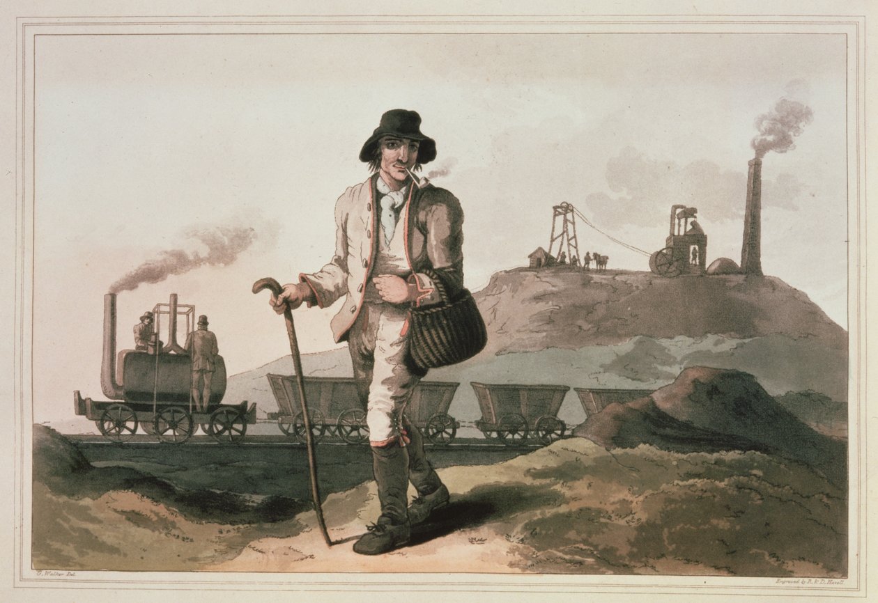 Lokomotiva Blenkinsop v dolu Middleton poblíž Leedsu, vyryla Robert a Daniel Havell, 1814 od George Walker