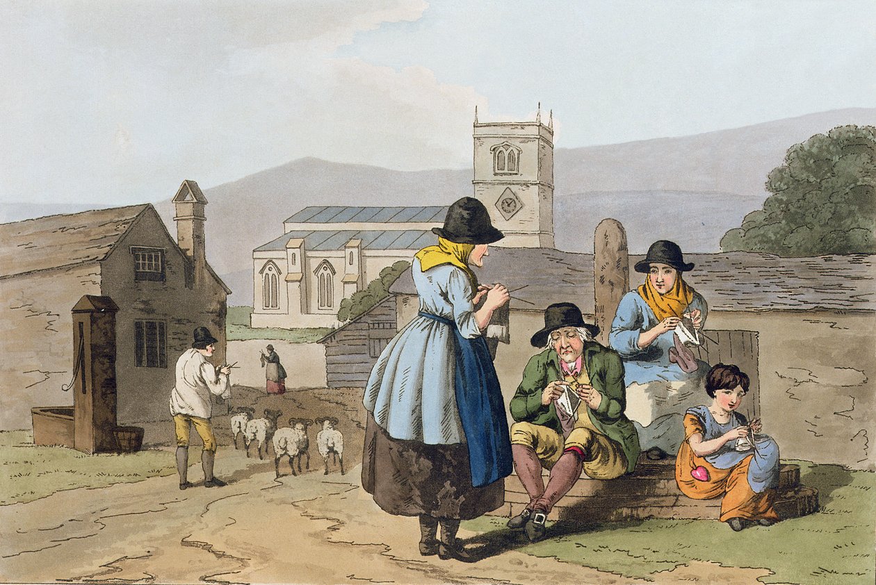 Wensleydale pletařky, z ‚Costume of Yorkshire‘ vyryté Robertem Havellem (1769-1832) 1814 od George Walker