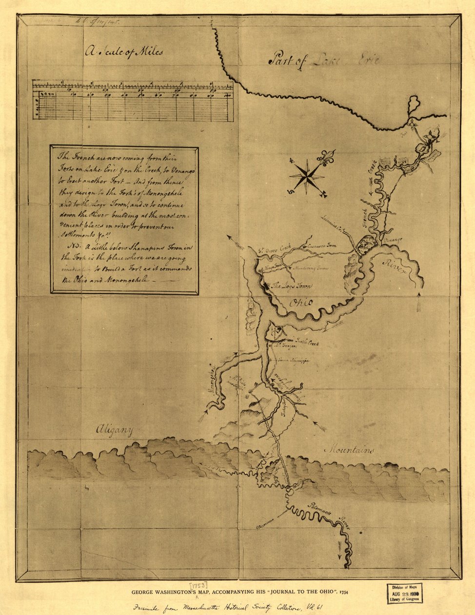 Mapa George Washingtona, která doprovází jeho "deník do Ohia", 1754. LOC 99446116 od George Washington