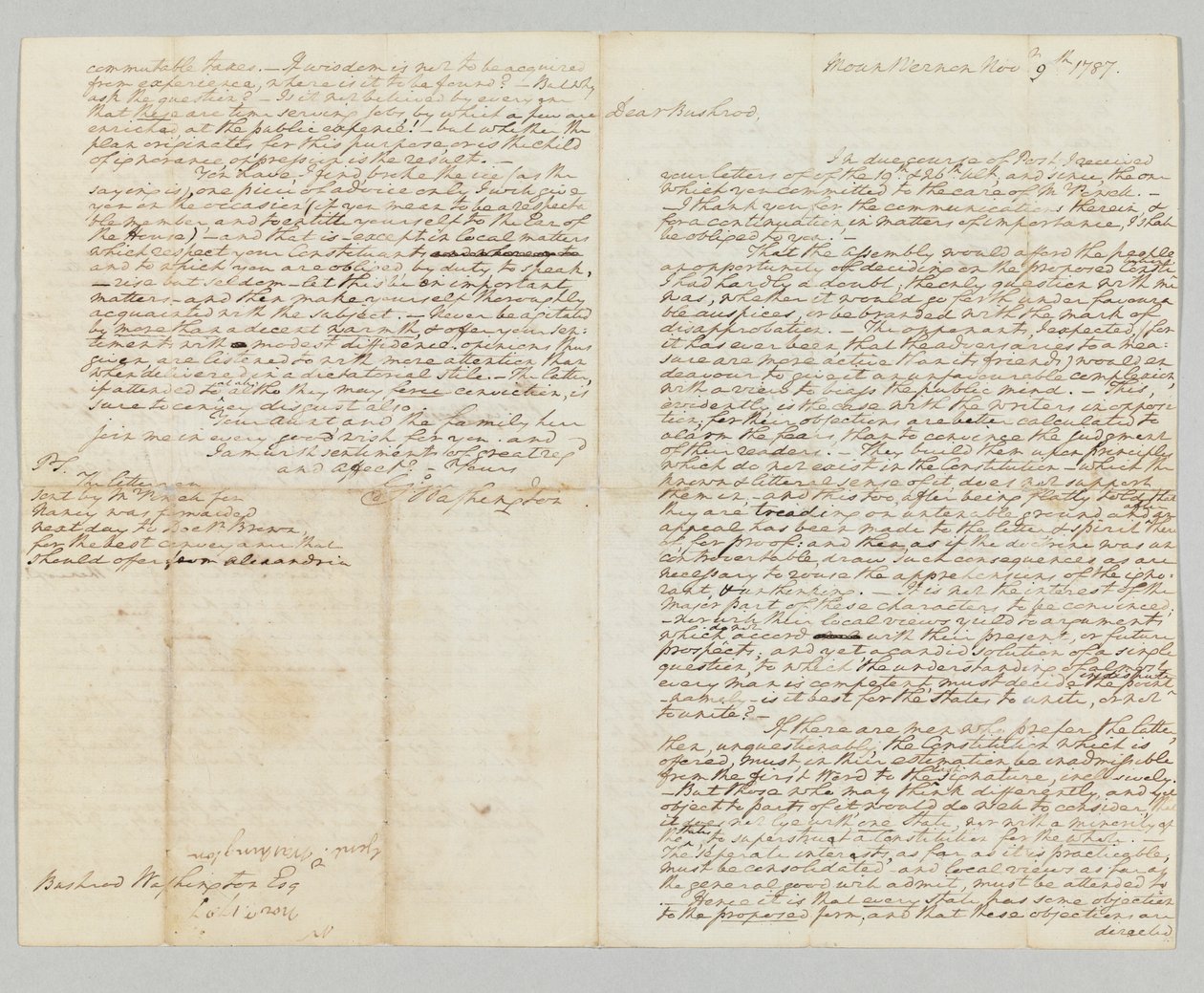 „Moc podle ústavy bude vždy s lidmi“, podepsaný dopis Bushrodu Washingtonovi, 9. listopadu 1787 (pero a inkoust na papíře) (viz také 490373) od George Washington