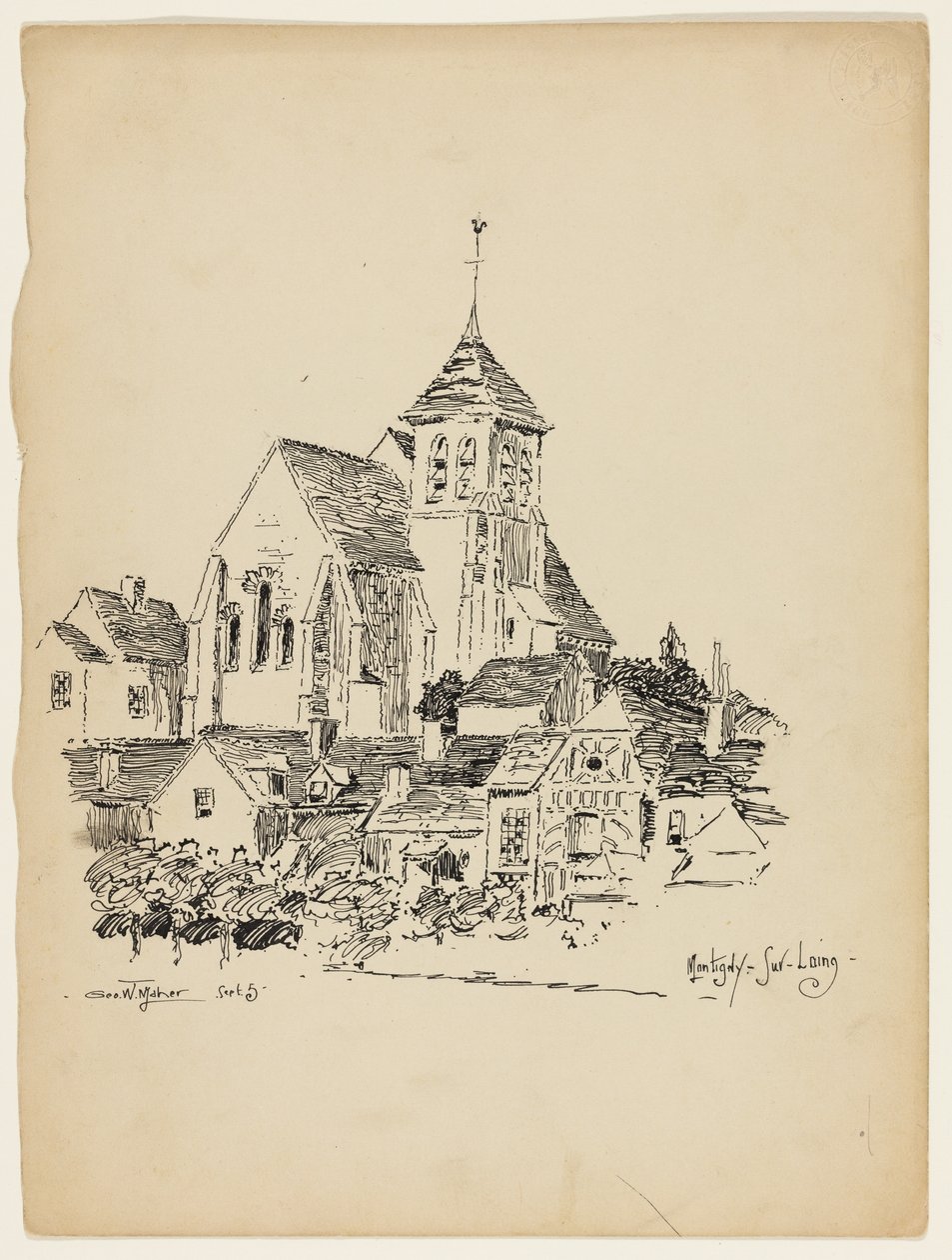 Kostel v Montigny-Sur-Loing, Francie, cestovní skica od George Washington Maher